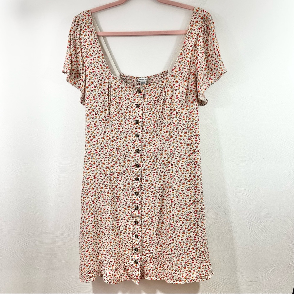 AMERICAN EAGLE Beige Microfloral Button Front Lined Short Sleeve Sundress Large
